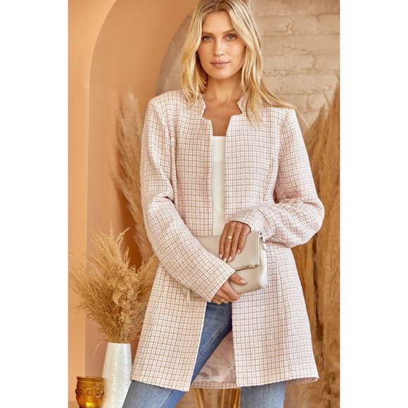 Light Pink / Blush Plaid Tweed Jacket For Women Open Front Collarless - Picture 3 of 6